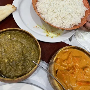 Saag Paneer, Basmati rice (large), and Chicken Tikka Madrass.