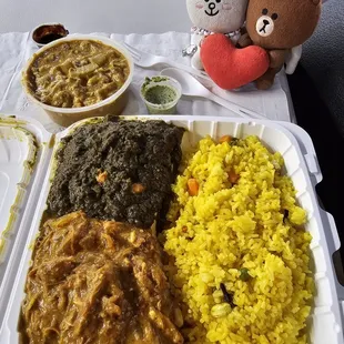 3 entrées: Taro &amp; Squash Fusion, Saag Lamb, and Butter Chicken come with rice