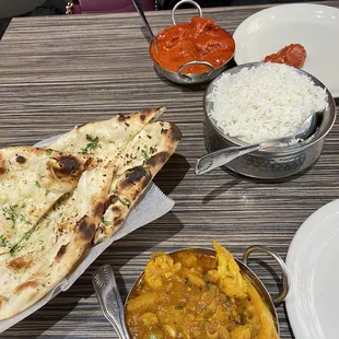 Lamb Tikka Masala, Garlic Naan, Aloo Gobi