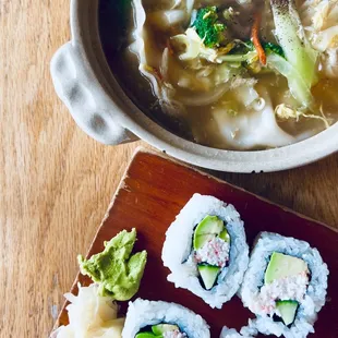 Wonton soup and Cali rolls