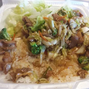 Lunch Special, no substitution for Tofu $5.99 1/3 rice, 1/3 stir-fry chicken &amp; veggies, 1/3 lettuce