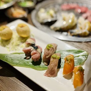 Uni toro purri, bluefin toro, wagyu, salmon belly