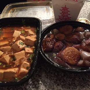 Spicy Bean Curd with ground pork (right) &amp; Schzuan Eggplant (left)