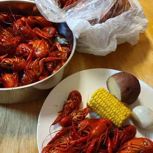 Crawfish, corn, potatoes.