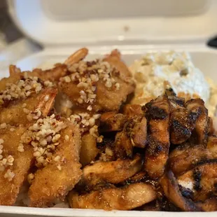 Garlic fried shrimp and spicy teriyaki chicken