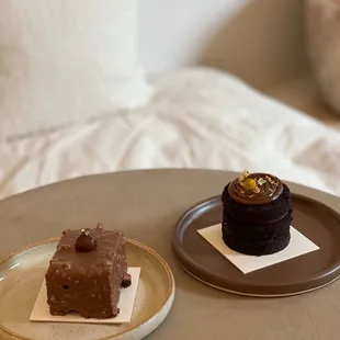 Left | chocolate hazelnut cake with chocolate shell Right | Chocolate caramel cake