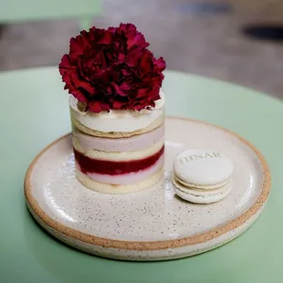 White Chocolate Raspberry Cake and Pistachio macaron