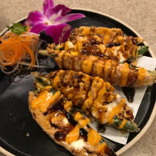 Jalapeno poppers. Very easy to deconstruct and remove the cream cheese and breading! The deconstructed jalapenos were delicious!