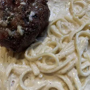 Fettuccini Alfredo with Flat Iron Steak Special with Gorgonzola Butter.
