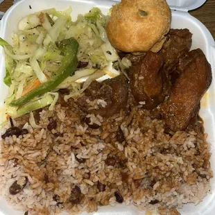 Stew Chicken, Cabbage, Rice &amp; Peas, Fried Dumpling