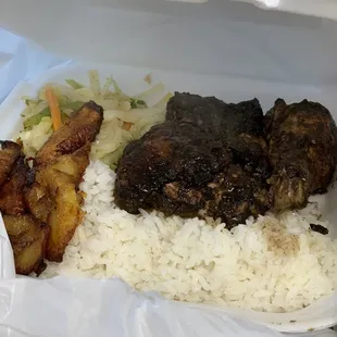 Jerk Chicken, White Rice, Cabbage and Plantains