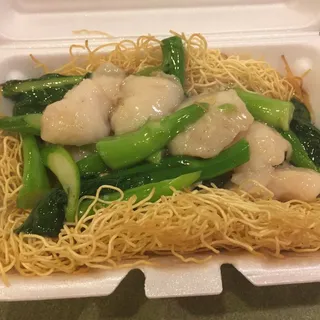 Chinese Broccoli and Fish Fillet with Rice Noodle