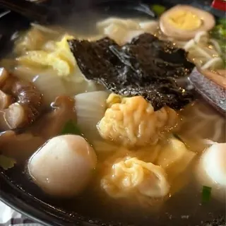 Shrimp, Wonton, Pork, Fish Balls and Mushroom Traditional Hand-Pulled Noodle Soup