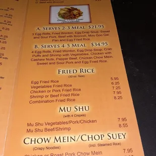 menu and prices