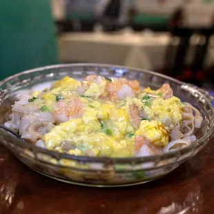 scrambled egg shrimp chow fun $20