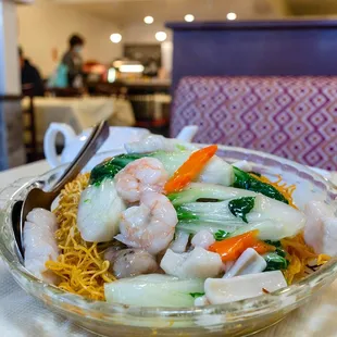 Seafood pan fried noodles $13