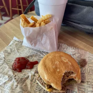 Double cheeseburger, fries, Diet Coke