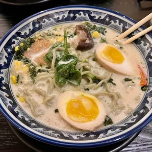 Vegan Ramen, already mixed with added soft boil egg