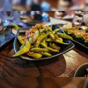 Spicy Edamame... super garlicky but good!