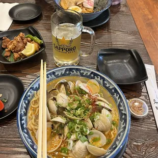Clam and spicy miso ramen and chicken karaage