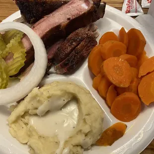 Sliced Pork carrots    Pork Ribs Mashed Potato  brisket