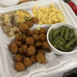 Veggie plate. Twice baked potatoes, fried oka, amazing green beans and mac