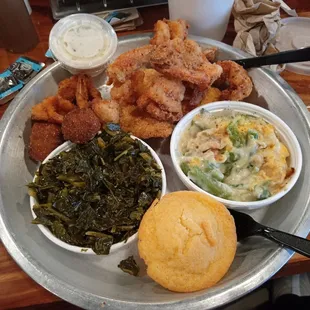 My B&apos;day dinner! Fish/shrimp/collard greens/green bean cass/coleslaw/hush puppies &amp; corn muffin! Wonderful!