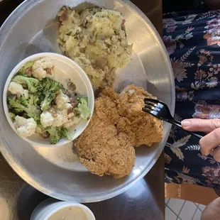 Chicken fried chicken w/broccoli salad &amp; mashed taters