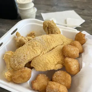 Dinner Combo - catfish nuggets and tilapia with corn nuggets and slaw