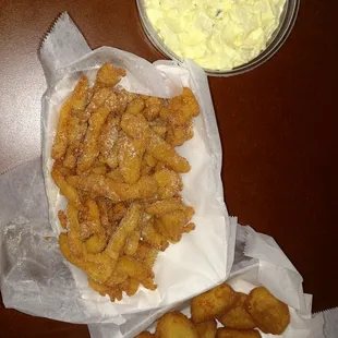 Small side of potato salad (8oz), order of fried clams and an order of fried corn nuggets