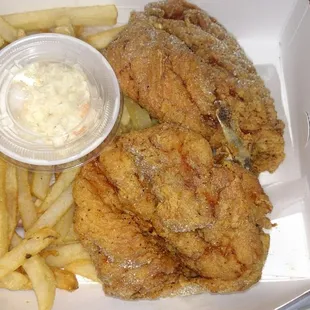 Two fried chicken breasts, fries, coleslaw and bread. Only $5.99 and it was terrific!