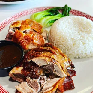 Roast duck and roast pork rice with vegetables