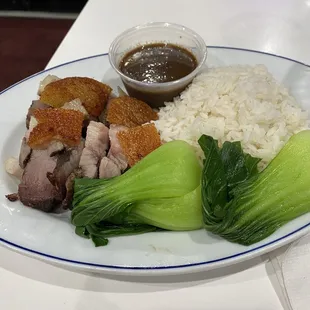 BBQ pork with rice and vegetables.