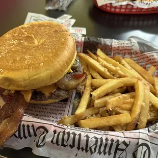 Sriracha Burger and garlic fries