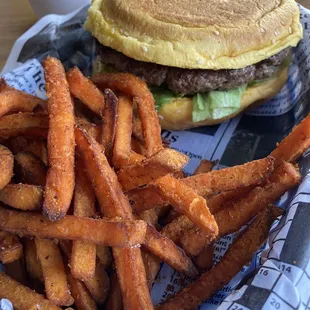 Classic Burger with sweet potato fries