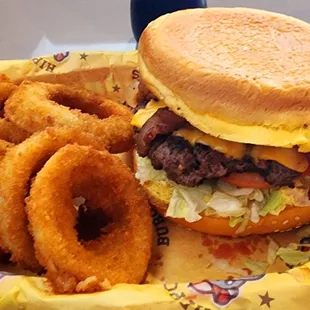 Bacon cheese burger with onion rings