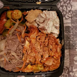 Mixed Plate - Beef Bulgogi, Spicy Pork Belly, Kimchi, Cucumber Kimchi, Fishcake, potato salad.