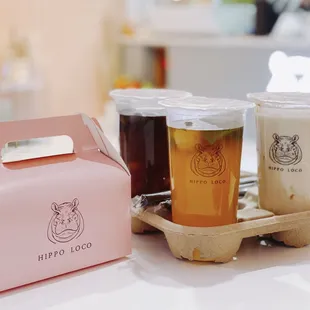 Brown Sugar Milk Latte, Lychee Jasmine Tea, Blueberry Jasmine Tea.