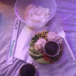 poke, got extra crab meat, eel sauce, and one more scoop of salmon, also got another eel sauce.
