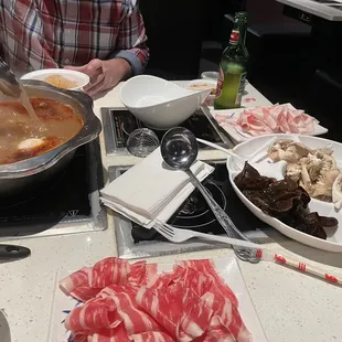 Beef, fungus, oyster mushrooms, glass noodles, pork