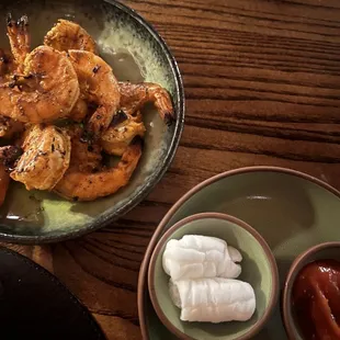 Marinated &amp; Grilled Shrimp w/ Ginger Cocktail Sauce. Provided wet towels for after.