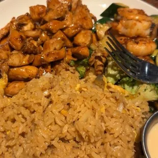 Spicy chicken and shrimp hibachi  Teriyaki chicken , yum yum sauce in the side