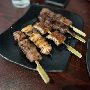 Yakatori skewers, beef, miso beef and pork belly