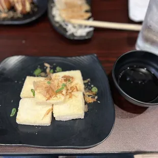 Agedashi tofu with the dashi on the side
