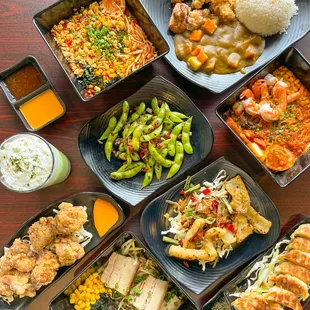 Ramen, Gyoza, Chicken Karaage Curry, Green Matcha Latte and apps