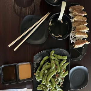 Fried Pork Gyoza, Garlic Edamame