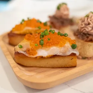 Cassava Cake, Crab Fat, Lardo and Ikura