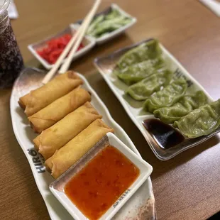 Veggie rolls, veggie gyoza (a must try!), pickled ginger, pickled cucumbers