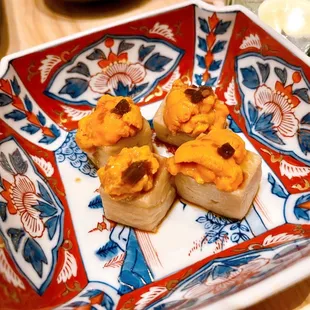 Sesame tofu with Uni - this is really amazing!!! The tofu is so special. A little bit mochi-like