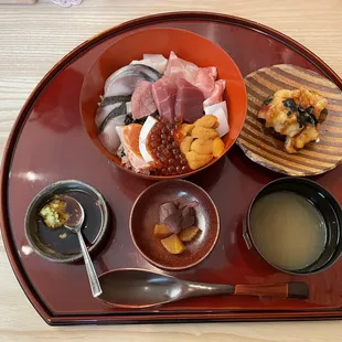Lunch Set w/ Chirashi, Miso Soup, Pickled Veg, and Shrimp
